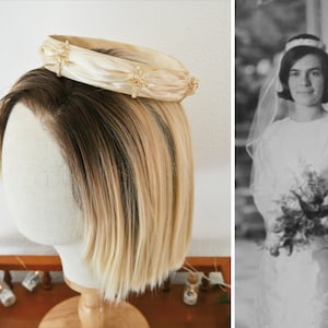 Vintage 1965 satin ivory headpiece for beehive updo hairstyle
