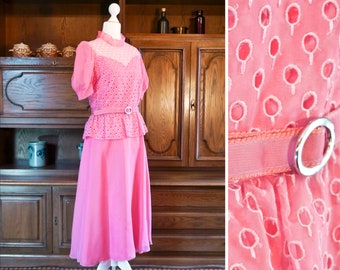 Vintage 80er Jahre rosa Kleid Chiffon pink Retro Abendkleid Ballkleid Prärie Volants Rüschen Größe S | US 8 | UK 10