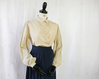 Vintage 70s silk blouse beige patterned long sleeve M