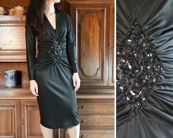 Vintage 80s 90s Evening Dress Party Dress Black with Sequins XXS-XS
