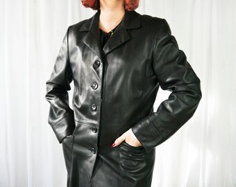 Vintage 90s Black Women's Leather Coat M-L - Etsy Vintage 90s Black Women's Leather Coat M-L - Etsy