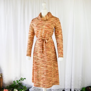 Vestido naranja vintage de los años 70 con cinturón de lazo hecho a mano S