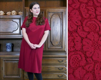 Vintage 60s red shift dress lace wool evening dress mod 1960s womens plus size 2XL | U.S. | UK