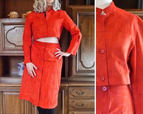 Vintage 70s Restored Orange Red Suede Suit PARIS c