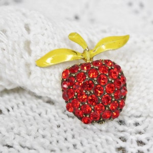 Vintage red apple brooch rhinestone gold colored