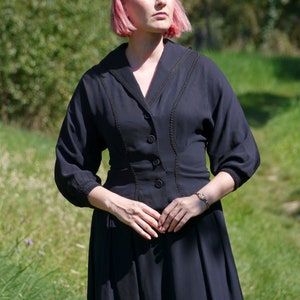Vintage 40er nachtblauer Zweiteiler handgemacht | Rock & Bluse S