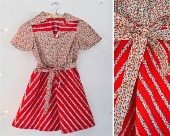 Vintage 70s kids girl dress handmade prairie red a