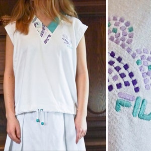 Vintage anni '80 90 FILA Sport Top T-Shirt Bianco Turchese Viola Retro Pattern oversize S-XL