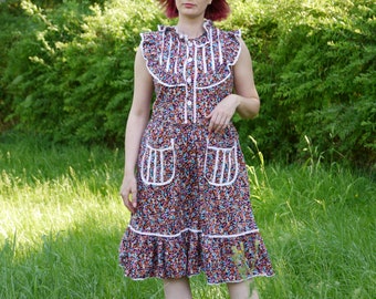 Robe d'été florale vintage des années 70 avec dentelle M