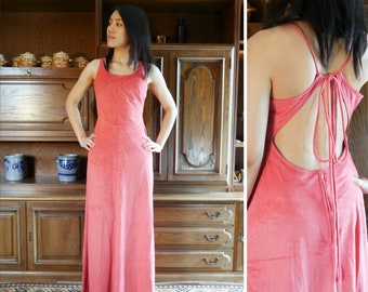 Vintage 80s 90s Sharp Backless Velvet Dress Party Pink Rose Pink Maxi with Lacing XS S