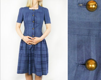 Vintage 40s blue day dress cotton 1940s striped XXS-XS