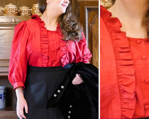 SEIDE 90s Vintage Red Silk Blouse with Ruffles XL