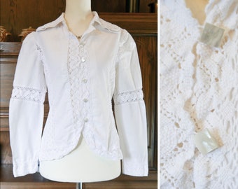 Vintage 70s Coton Blouse Bobbin Bordure Manches Longues Blanc 2XS-XS