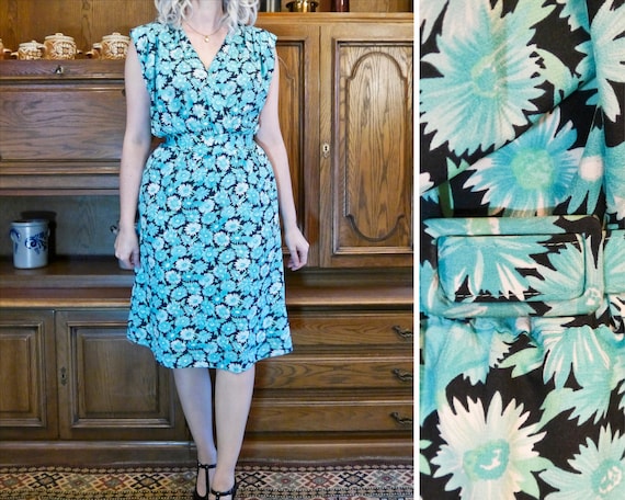 Robe Midi Fleurie Vintage Blanc Turquoise Bleu des Annees 80 avec ceinture en mousseline de soie pour femmes taille M Etats Unis 10 Royaume Uni 12 Etsy France