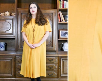 Vintage 70s Yellow Sheath Dress with Virgin Wool Sun Yellow Flapper Pleated Skirt Women Plus Size 3XL | US 18 | UK 20