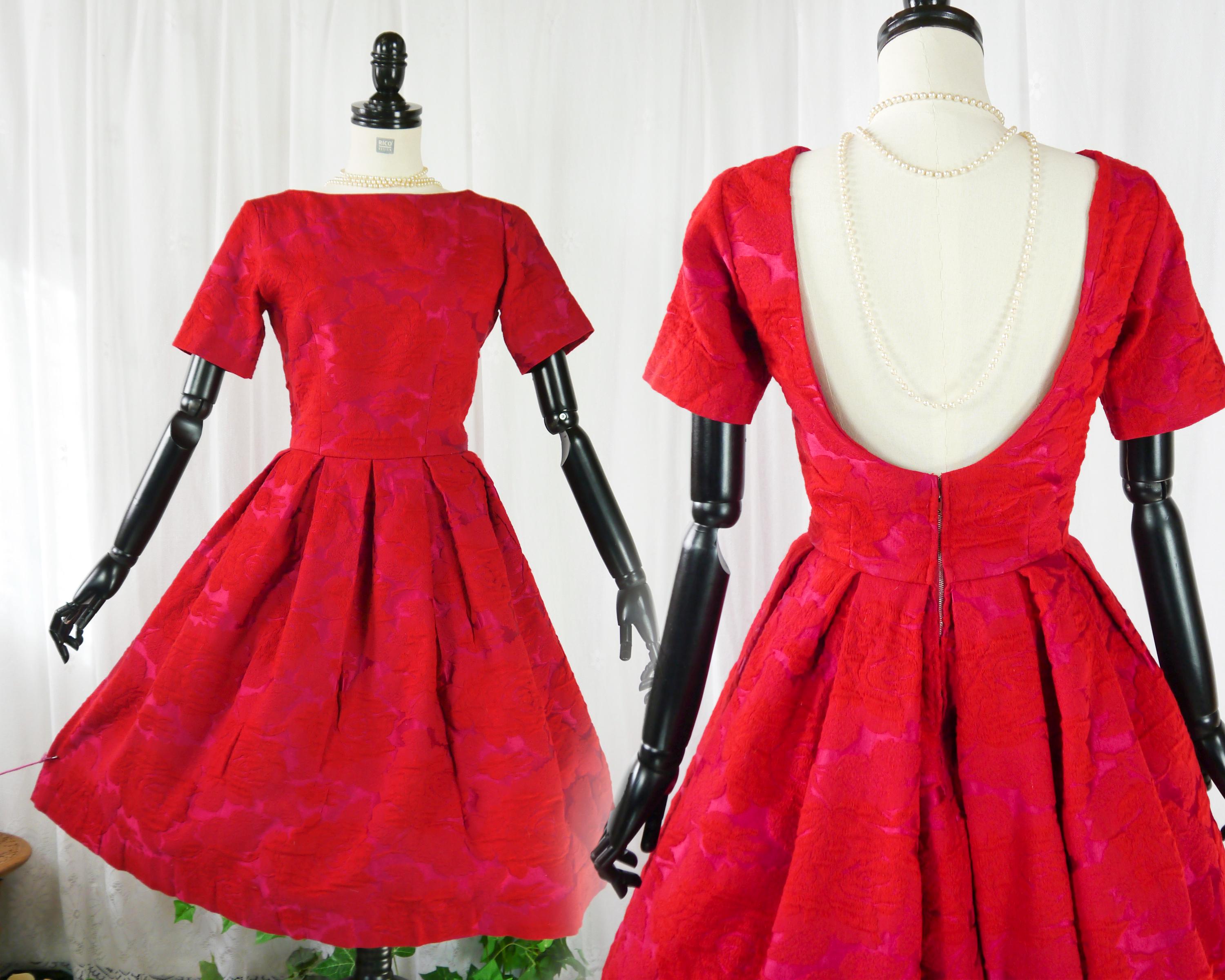 Vintage 60s red cocktail dress with back neckline wool XXS-XS