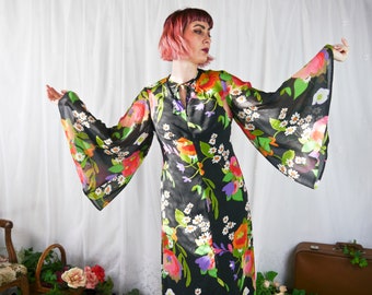 Maxi robe florale vintage des années 70 avec manches trompette M-L