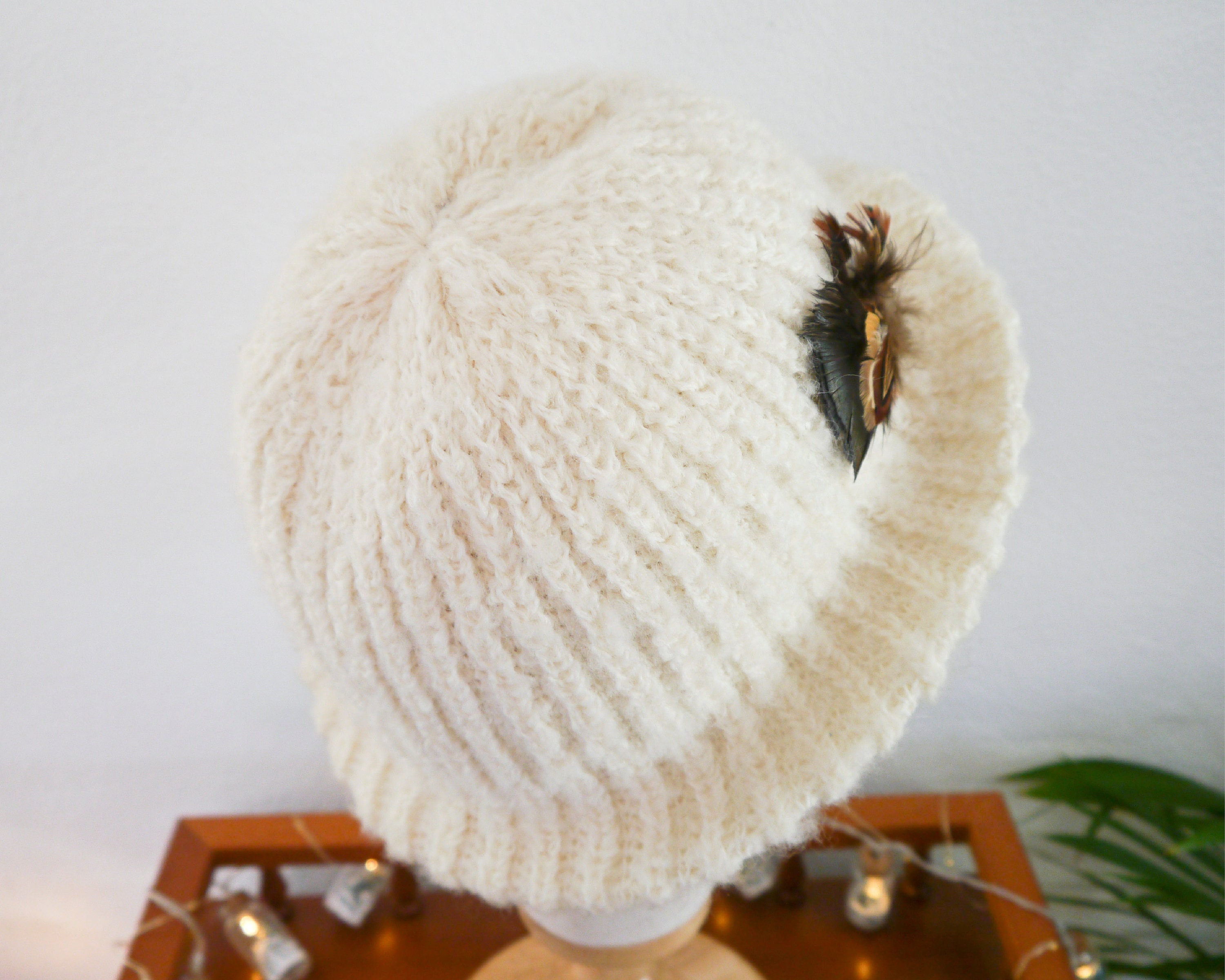 Vintage Winter Beanie Hat Cream Beige Wool Blend Knit With