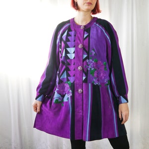 Veste en cuir suédé patchwork vintage des années 80 violet-bleu L