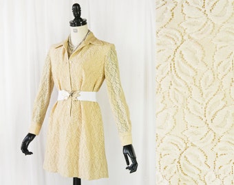 Vintage 70s beige lace mini dress S-M