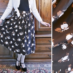 Vintage 80s brown midi skirt with white-beige floral pattern L