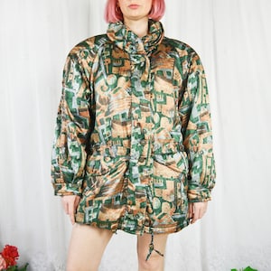 Vintage 90s green orange patterned retro parka L-XL