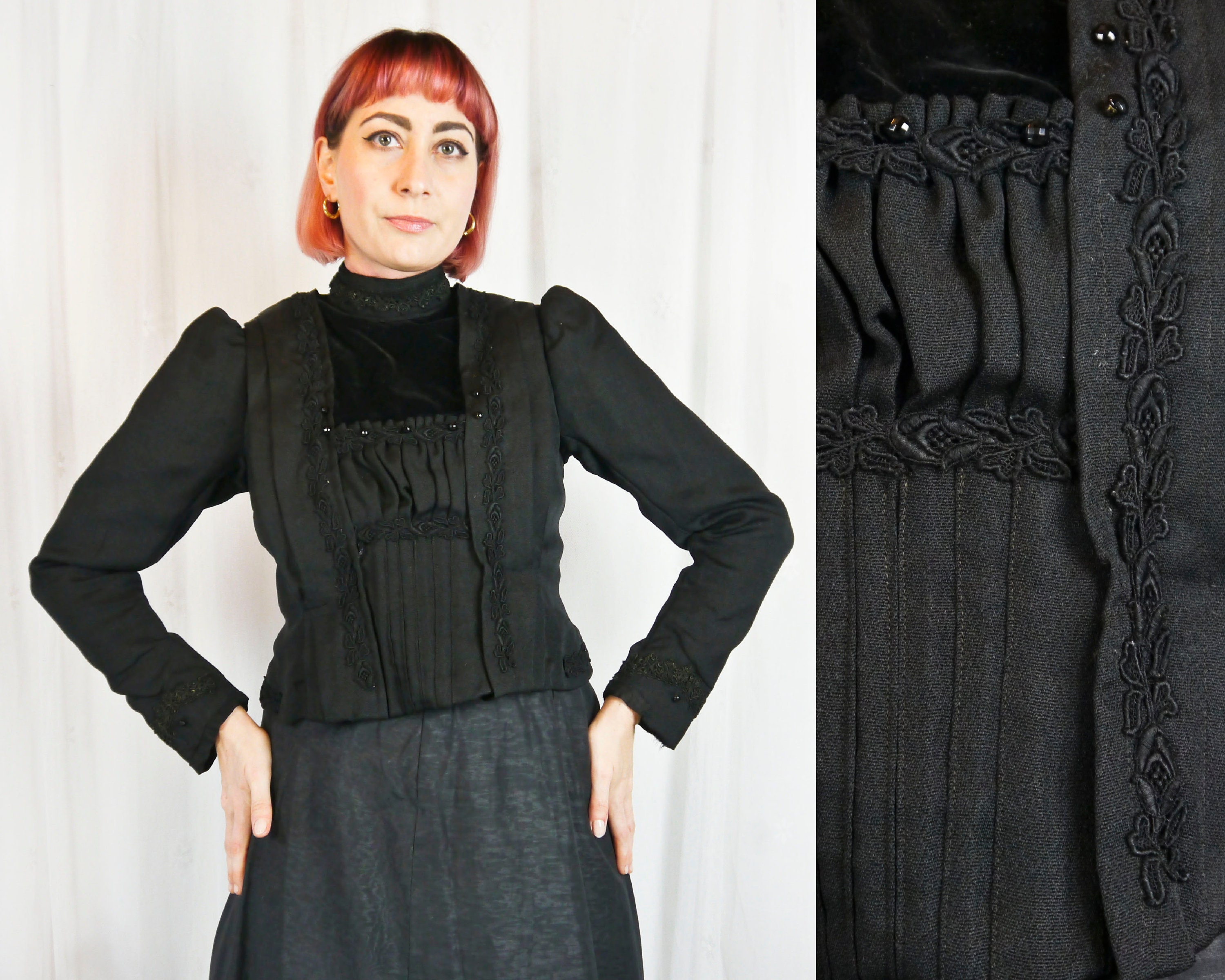 Antique bodice around 1900 black with velvet & lace XS