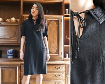 Vintage 40s-50s black dress short sleeve with collar midi day dress 1940-50s size XXS-M | US 4-10 | UK 6-12