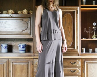 Vintage brown silk co-ord top & maxi skirt with pearls S