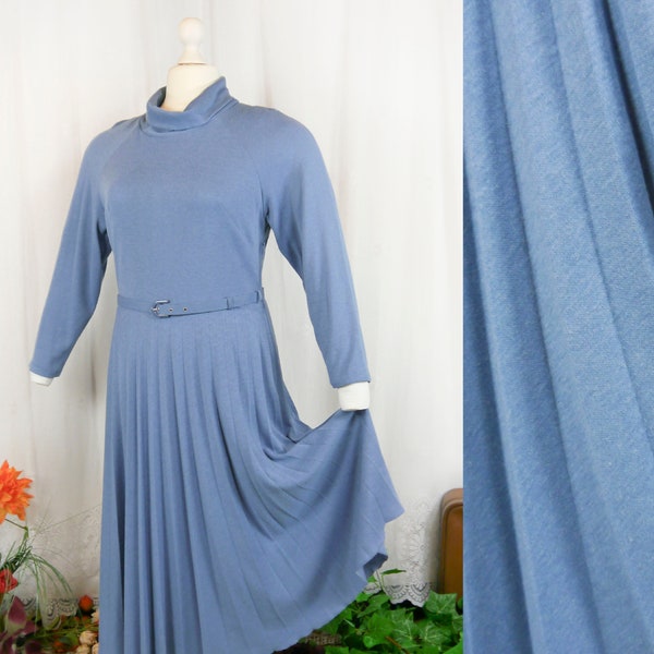 Robe vintage en tricot bleu années 80 jupe plissée lapin partie & ceinture XXL