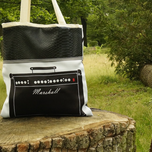 Grand sac avec anses en tissu et simili cuir noir "AMY and Marshall, always rock'n roll"