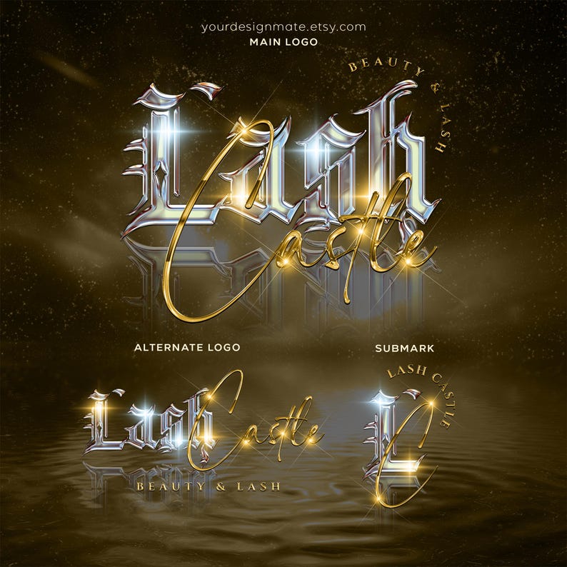 May include: Gold and silver 3D text logo design for a business called "Lash Castle" with the tagline "Beauty & Lash".