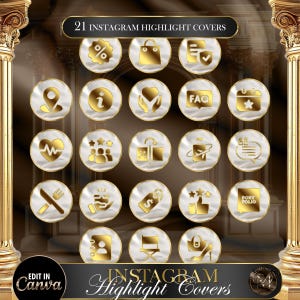 May include: Twenty-one gold and white Instagram highlight covers with various icons, including a percentage sign, shopping bag, check mark, location pin, information symbol, heart, FAQ, star, heart beat, five stars, a suitcase with an arrow, airplane, speech bubble, knife and fork, a hand with a dollar sign, a thumbs up, a portfolio, a contact list, a director's chair, and a high heel shoe.