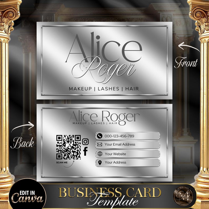 Puede incluir: Plantilla de tarjeta de visita plateada con fondo plateado y texto negro. El frente de la tarjeta tiene el nombre "Alice Roger" y el texto "MAKEUP | LASHES | HAIR". La parte posterior de la tarjeta tiene un c&oacute;digo QR, iconos de redes sociales e informaci&oacute;n de contacto. El texto "EDIT IN Canva" est&aacute; en la parte inferior de la tarjeta.