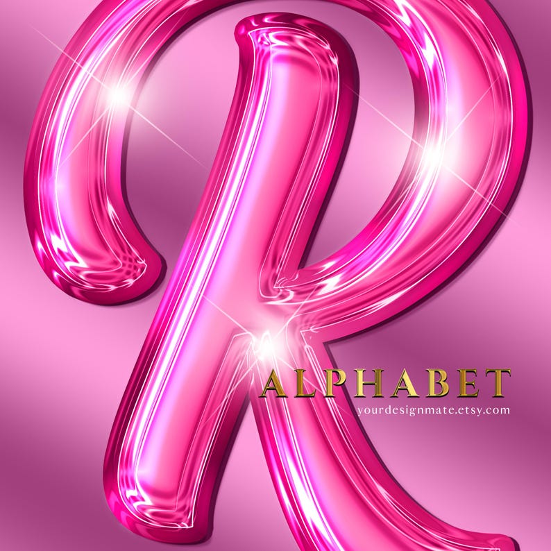 K&ouml;nnte beinhalten: Ein gl&auml;nzender, pinkfarbener Buchstabe "R" mit metallischem Glanz, vor einem rosafarbenen Hintergrund. Das Wort "ALPHABET" ist in goldfarbenen Buchstaben geschrieben, darunter eine Website-Adresse.