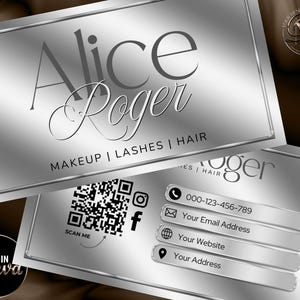 Puede incluir: Una tarjeta de visita plateada con un borde plateado y el texto "Alice & Roger" en una fuente cursiva. El texto "MAKEUP | LASHES | HAIR" est&aacute; debajo del nombre. La tarjeta tambi&eacute;n incluye un c&oacute;digo QR, iconos de redes sociales, un n&uacute;mero de tel&eacute;fono, una direcci&oacute;n de correo electr&oacute;nico, una direcci&oacute;n de sitio web y una direcci&oacute;n f&iacute;sica.