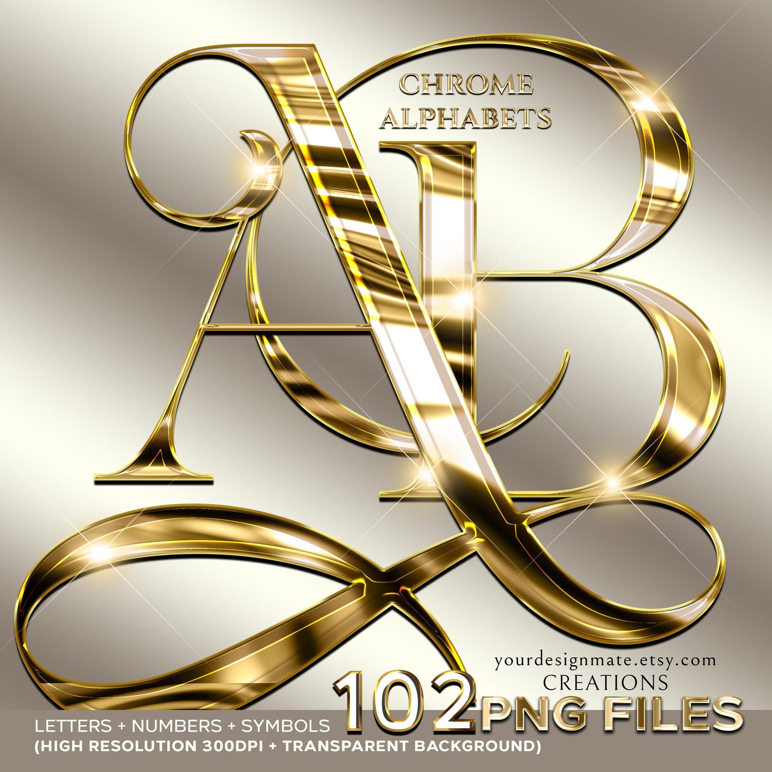 143 Letters Gold Chrome Alphabet Set PNG, Metallic Letters A-Z, Instant Digital ...