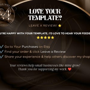 Puede incluir: Un gr&aacute;fico negro y dorado con el texto "Love Your Template? Leave a Review!" e instrucciones sobre c&oacute;mo dejar una rese&ntilde;a en Etsy. El gr&aacute;fico tambi&eacute;n incluye el texto "&iexcl;Tus rese&ntilde;as ayudan a las peque&ntilde;as empresas como la m&iacute;a a crecer! Gracias por apoyar mi trabajo."