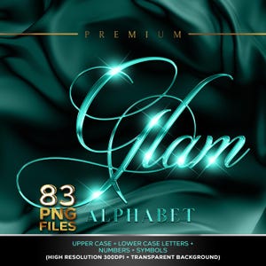 May include: 83 PNG files of a teal blue, glossy, uppercase alphabet with a sparkling effect. The word "Glam" is displayed in the image. The alphabet is high resolution and has a transparent background.