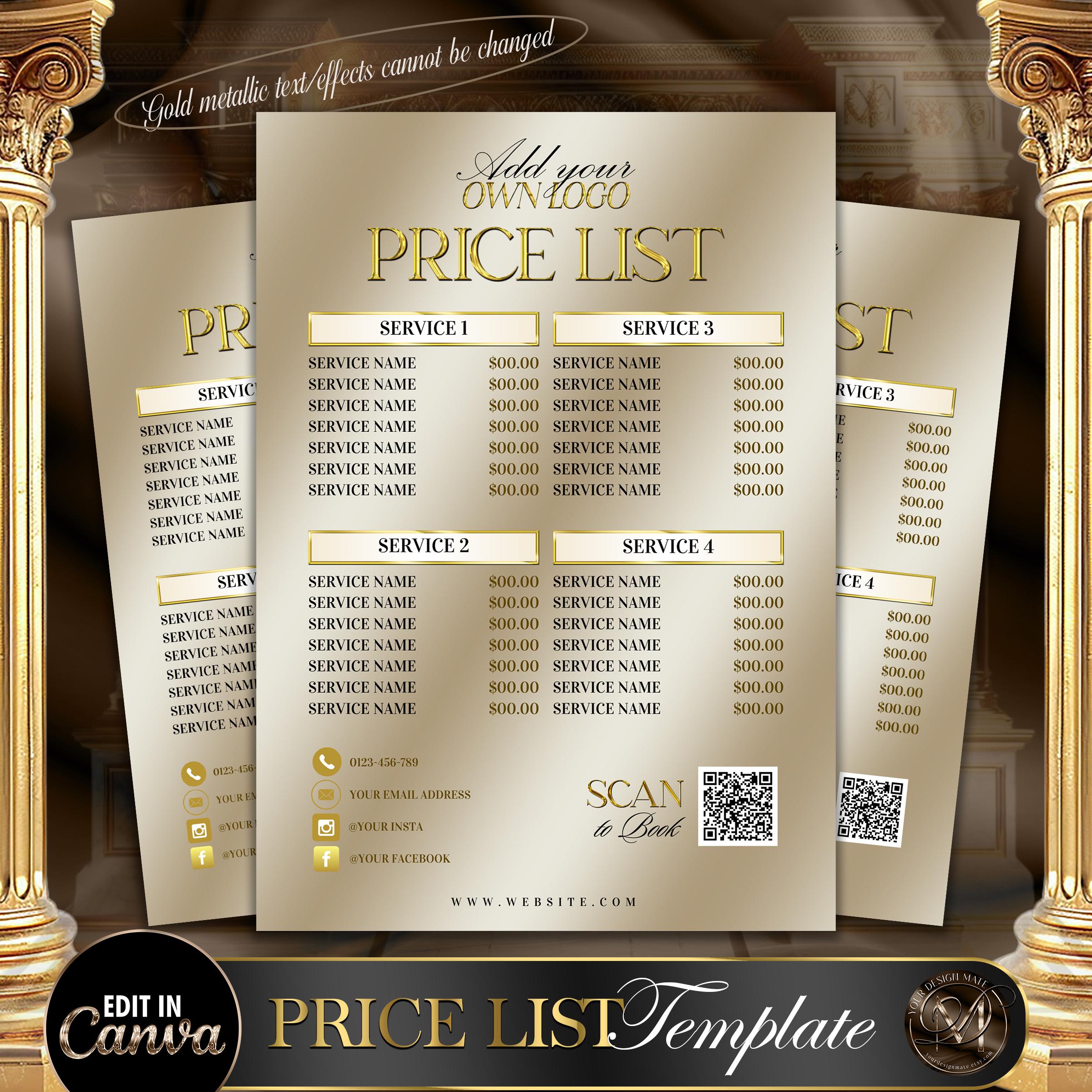 Gold Price List Template, Luxury Beauty Salon Menu, Editable Service Price Sheet Gold, Champagne Beige Canva Template, Instant Download #5