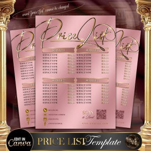 May include: Pink and gold price list template with the words "Price List" in elegant script. The template includes sections for services and pricing, with a QR code for booking. The design features a decorative border and the text "Edit in Canva".