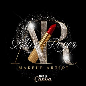 May include: A glamorous logo design on a black background. The design features the letters "AR" in a sparkling silver glitter effect, with a gold lipstick in the center. The name "Alice Roger" is written in elegant script, with "MAKEUP ARTIST" below.