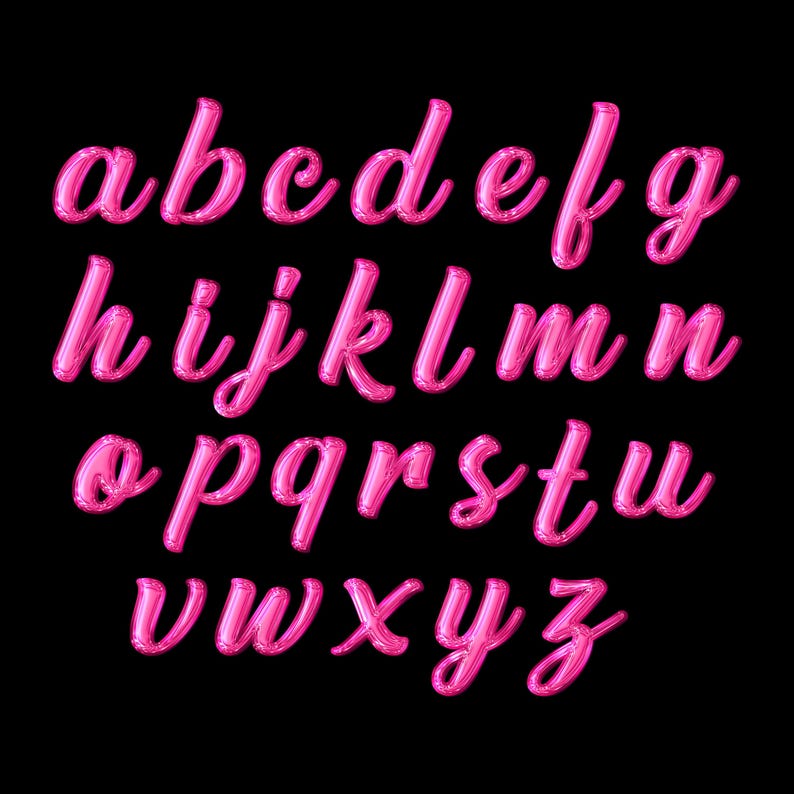 K&ouml;nnte beinhalten: Ein vollst&auml;ndiges Alphabet aus Kleinbuchstaben in Schreibschrift. Die Buchstaben sind in einem leuchtenden Pink gehalten und wirken aufgeblasen, wie Ballons. Der Hintergrund ist tiefschwarz.