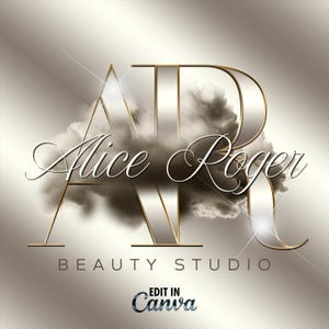 May include: A gold and silver logo with the letters "AR" in a cloud-like design. The text "Alice Roger Beauty Studio" is below the logo. The text "Edit in Canva" is at the bottom of the image.