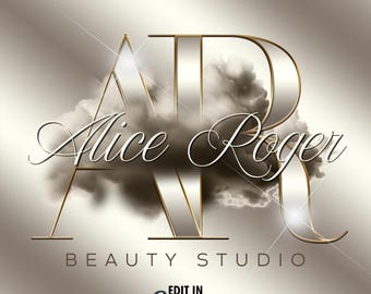 Op de afbeelding: Een gouden en zilveren logo met de letters "AR" in een wolkachtig ontwerp. De tekst "Alice Roger Beauty Studio" staat onder het logo. De tekst "Edit in Canva" staat onderaan de afbeelding.