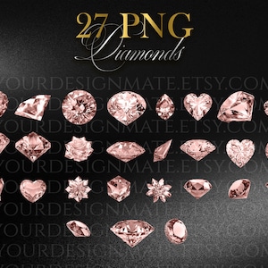 K&ouml;nnte beinhalten: Eine Sammlung von 27 PNG-Bildern von rosafarbenen Diamanten in verschiedenen Formen, darunter Herzen und Runden, vor dunklem Hintergrund. Der Text "27 PNG Diamonds" ist in Gold dargestellt.