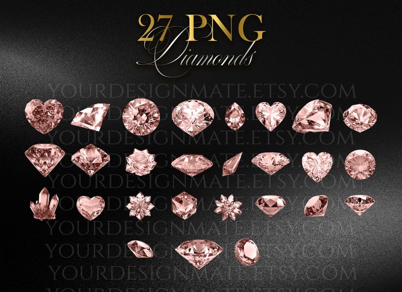K&ouml;nnte beinhalten: Eine Sammlung von 27 PNG-Bildern von rosafarbenen Diamanten in verschiedenen Formen, darunter Herzen und Runden, vor dunklem Hintergrund. Der Text "27 PNG Diamonds" ist in Gold dargestellt.