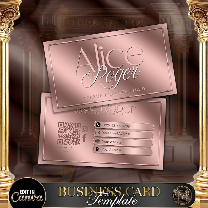 Op de afbeelding: Een roze gouden visitekaartje sjabloon met de naam Alice Roger en de tekst "MAKEUP | LASHES | HAIR". De kaart bevat ook een telefoonnummer, e-mailadres, website en adres.