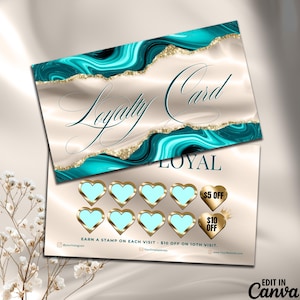 Loyalty Card Template Canva, Salon Punch Card Rewards Design, Editable Customer Loyalty Program Card, Teal Marble Style #20