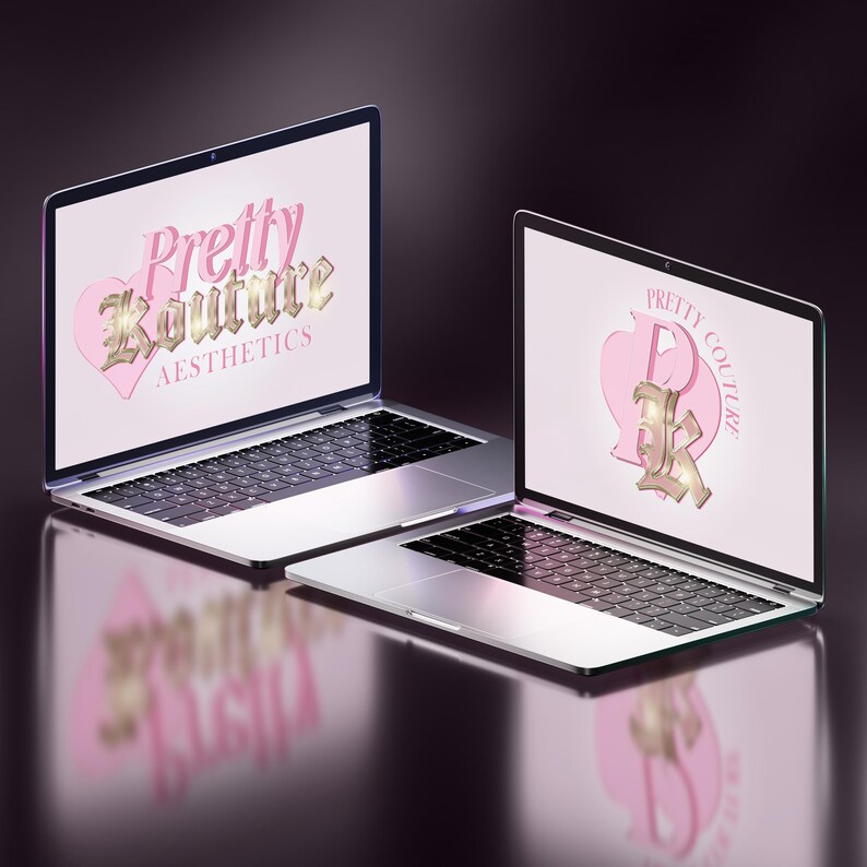 Pode incluir: Dois laptops prateados com teclados pretos est&atilde;o abertos e exibem o mesmo logotipo. O logotipo &eacute; um cora&ccedil;&atilde;o rosa com um "P" e um "K" dourados dentro. O texto "Pretty Couture" est&aacute; escrito em letras douradas acima do cora&ccedil;&atilde;o. O texto "Aesthetics" est&aacute; escrito em letras douradas menores abaixo do cora&ccedil;&atilde;o.